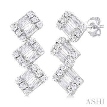 1/3 Ctw Zig-Zag Fusion Baguette and Round Cut Diamond Fashion Earrings in 10K White Gold